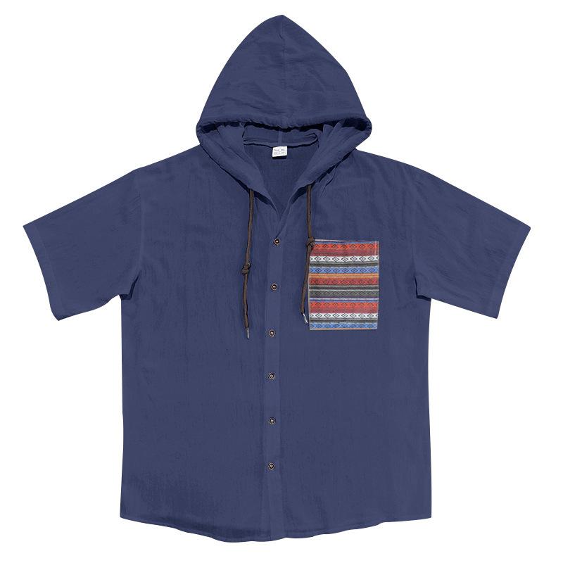 Summer Men's Lightweight Pocketed Breathable Linen Loose-Fit Hooded Cardigan Short-Sleeved Shirt