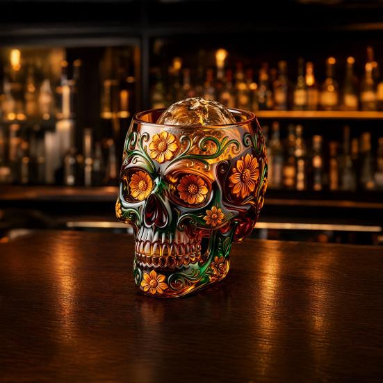 Decorative Glass for Home Bar Day of The Dead Wine Glass, with 3D Relief Painting, Hand-Painted Halloween Themed Gothic Skull Whiskey Cup, Parties And