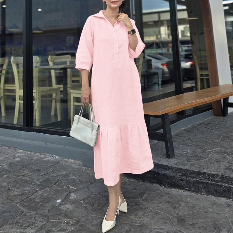 

ZANZEA Женское длинное платье однотонное свободного кроя с отложным воротником и рукавом 3/4 M розовый