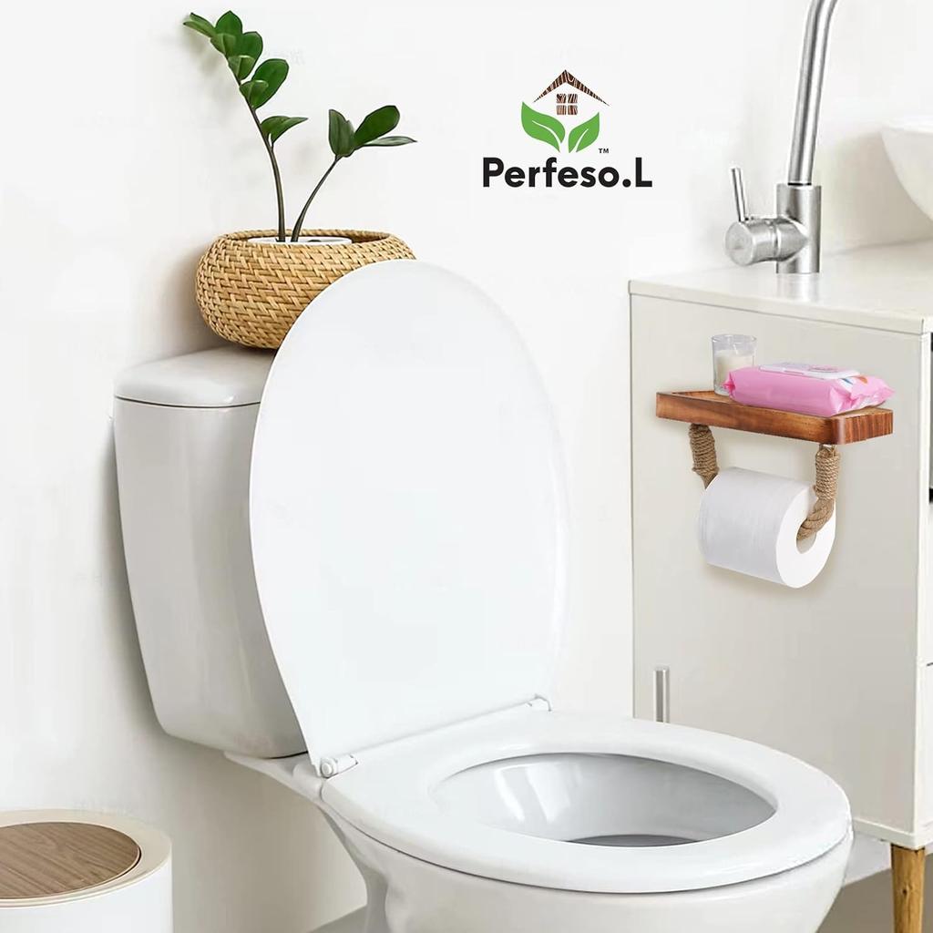 Farmhouse Toilet Paper Holder with Shelf Large, Nautical Rustic Rope for Beach Farmhouse Bathroom Decor Toilet Paper Roll Holder, Wood Bathroom