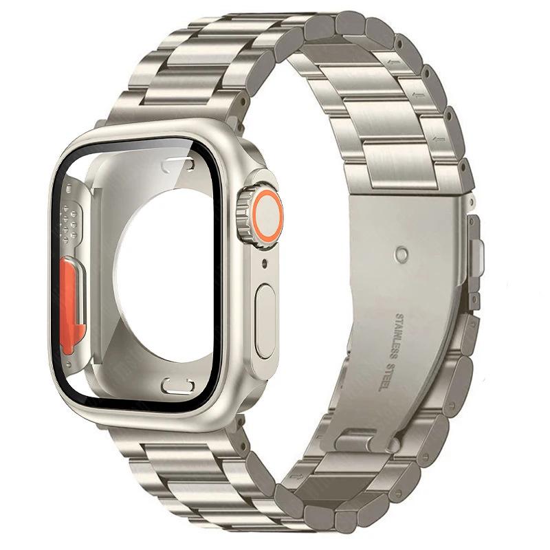 Compatible with Apple Watch Series 10 (46/40/41/44/45mm) Stainless Steel Three-Bead Strap + Full Coverage PC Case