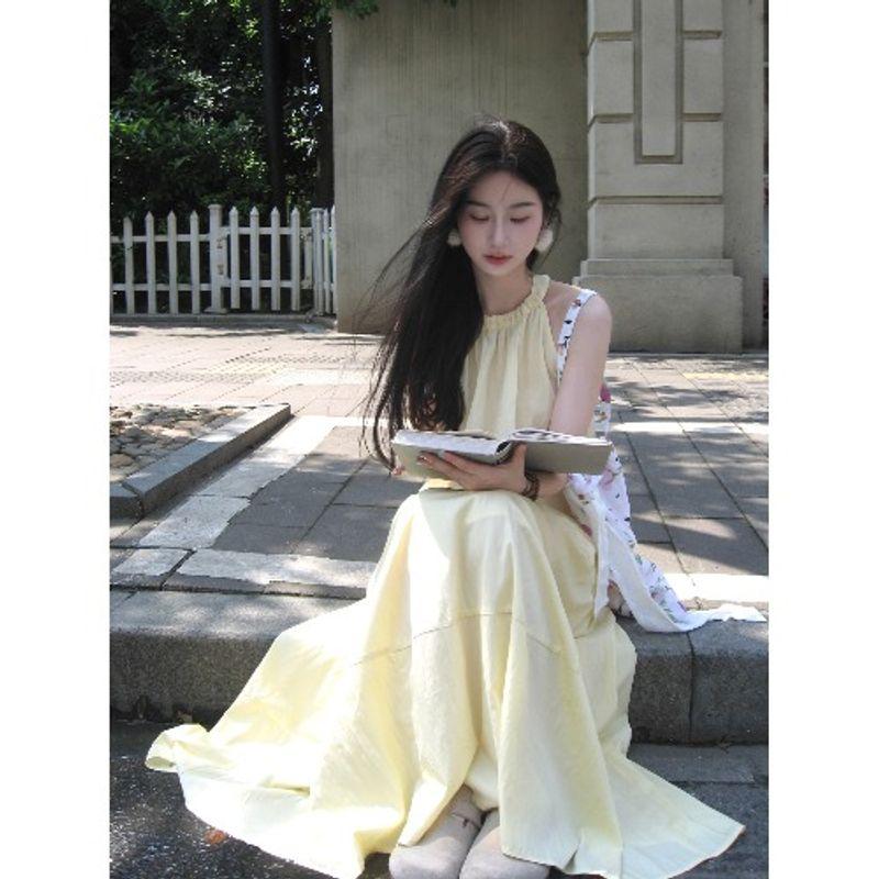 Kumikumi Gentle Wind Set Pleat Hanging Neck Cami Women Summer Drape High Waist Skirt Two-piece Set