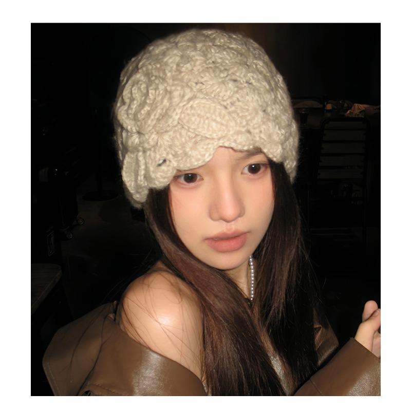 Women Japanese Style Hollow Flower Knit Beanie Autumn Winter Warm Hat