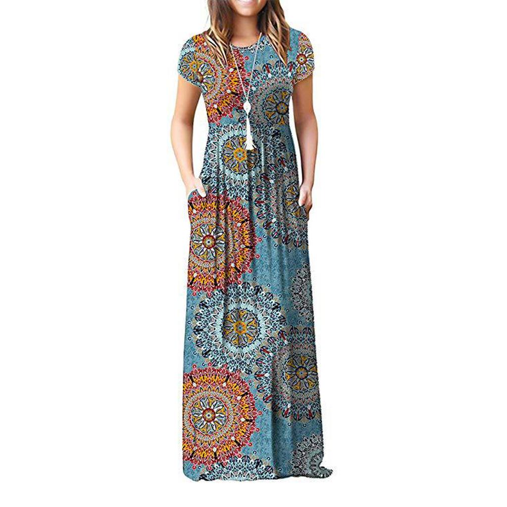 Women Fashion  Gradient Print Short Sleeve Spaghetti Maxi Dress