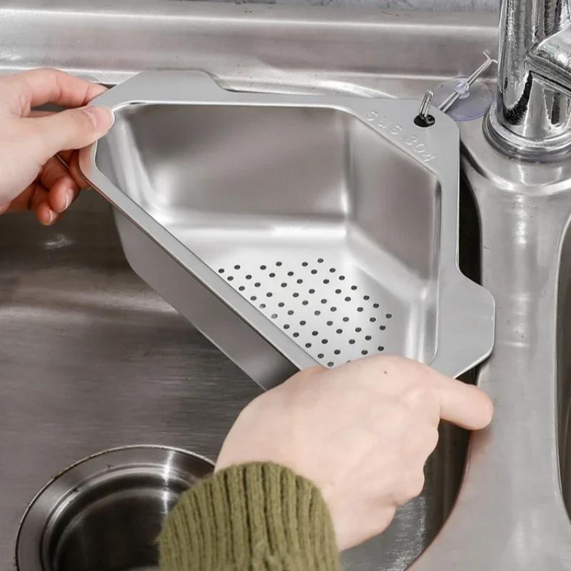 Stainless Steel Triangle Kitchen Sink Drain Basket  Food Debris Waste Filter Fruit Vegetable Drainer Rack Household Gadgets