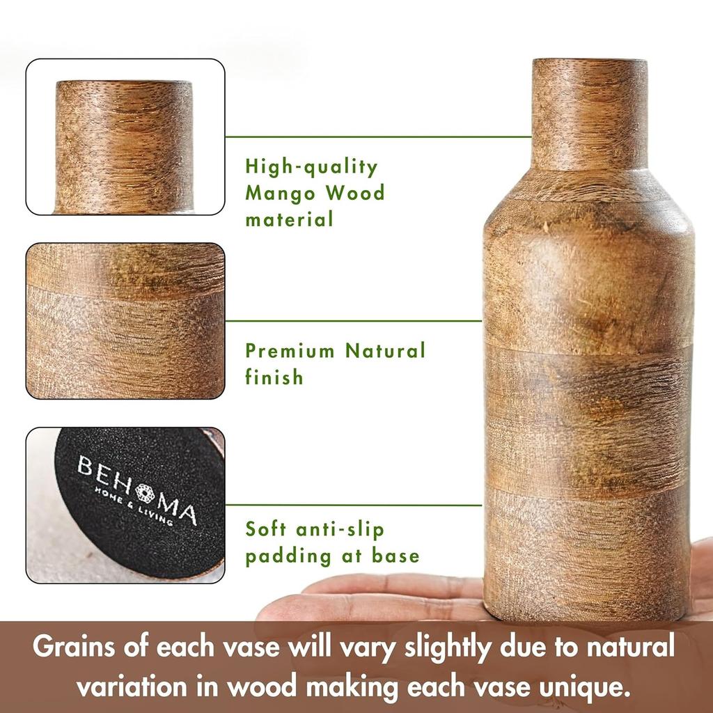 Набор деревянных ваз для цветов (2 шт), Wooden Flower Vase Set of 2 (Natural Light Brown), Behoma
