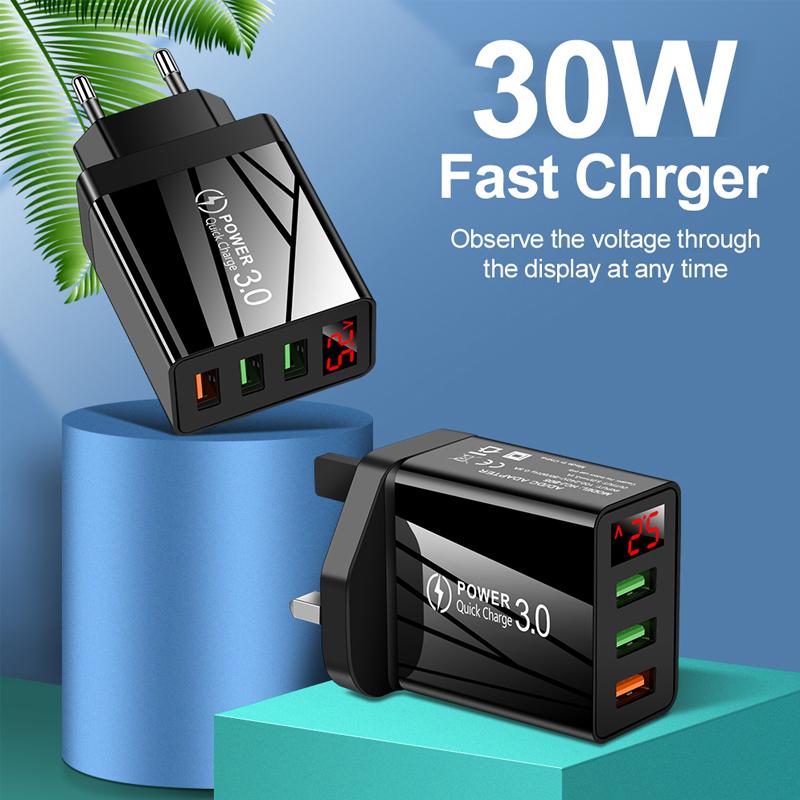 30W Quick Charge 3.0 LED Display 3 Ports USB Phone Charger Fast Charging For iPhone 12 Pro Samsung S20 Chargers EU Wall Adapter