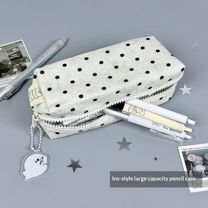 Korean-Style Polka Dot Pencil Case Large Capacity With Cute Seal Pendant For Students School Office Use