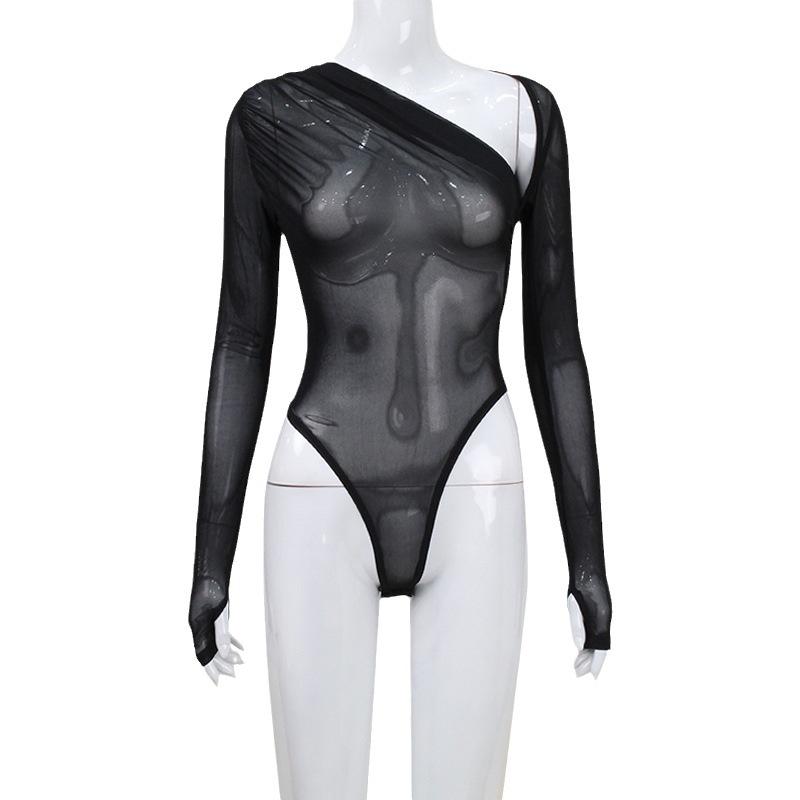 

Женские летние сексуальные узкие боди, повседневные сетчатые лоскутные боди с длинными рукавами, черные XL чёрный