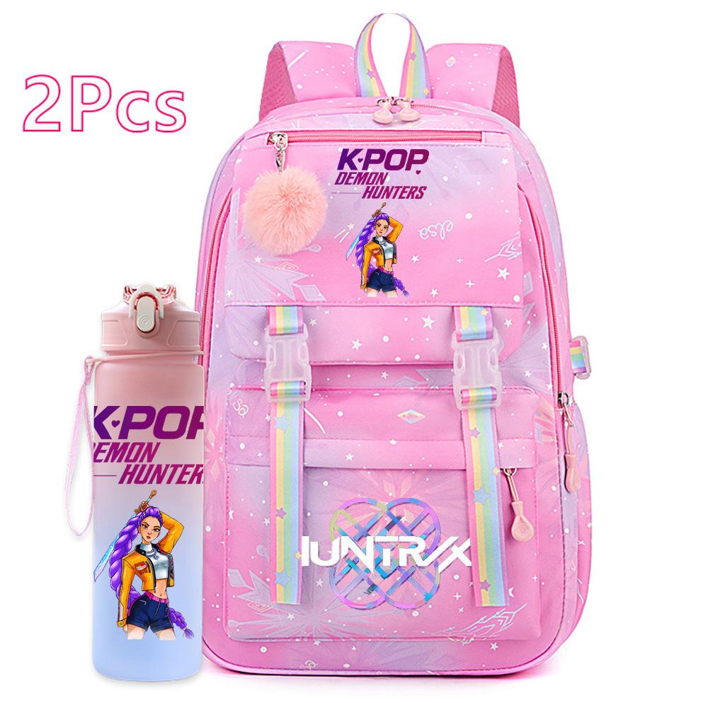 2Pcs/set Cartoon Kpop Printed Backpack with 750Ml Water Bottler for Teenager Girl Boy Bookbag Kid Gift Large Capacity Travel Bag Mochila