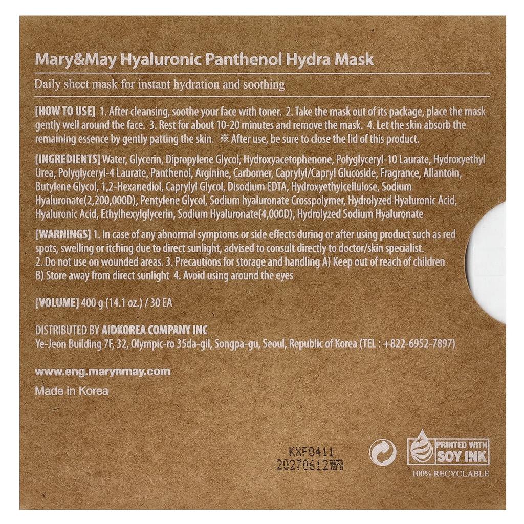 Mary & May, Hyaluronic Acid Panthenol, Hydra Beauty Mask, 30 Sheets, 400G(14.1Oz)