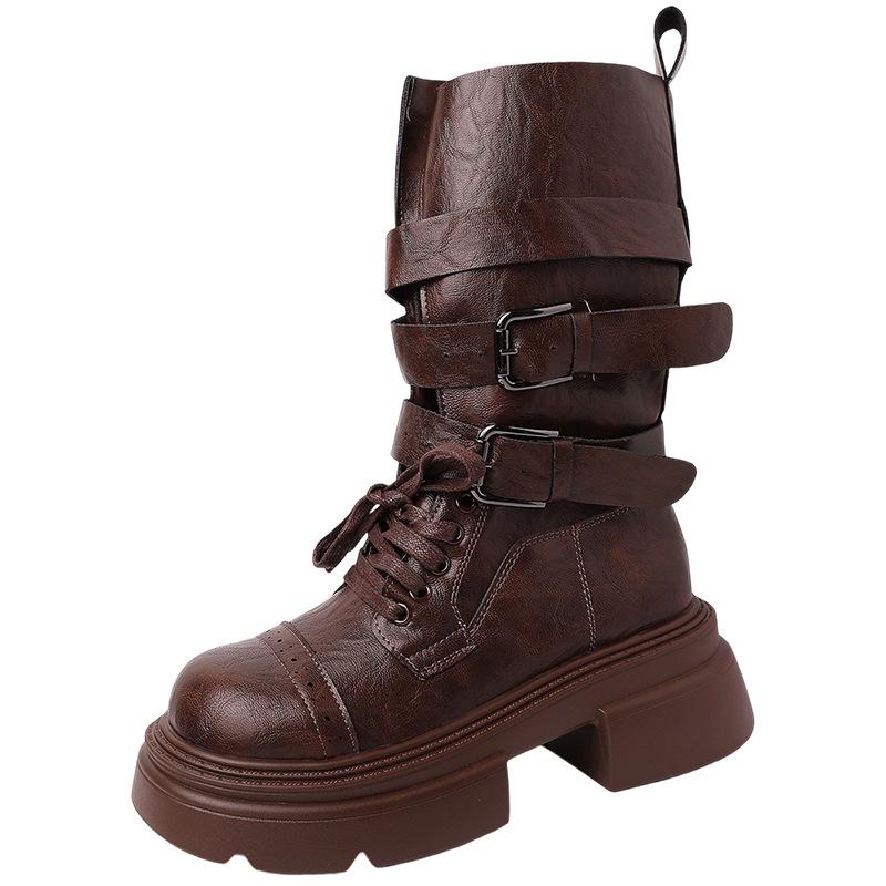Retro short boots thick-soled Martin boots women's fashion British style belt buckle design thick heel short boots locomotive boots single boots tide