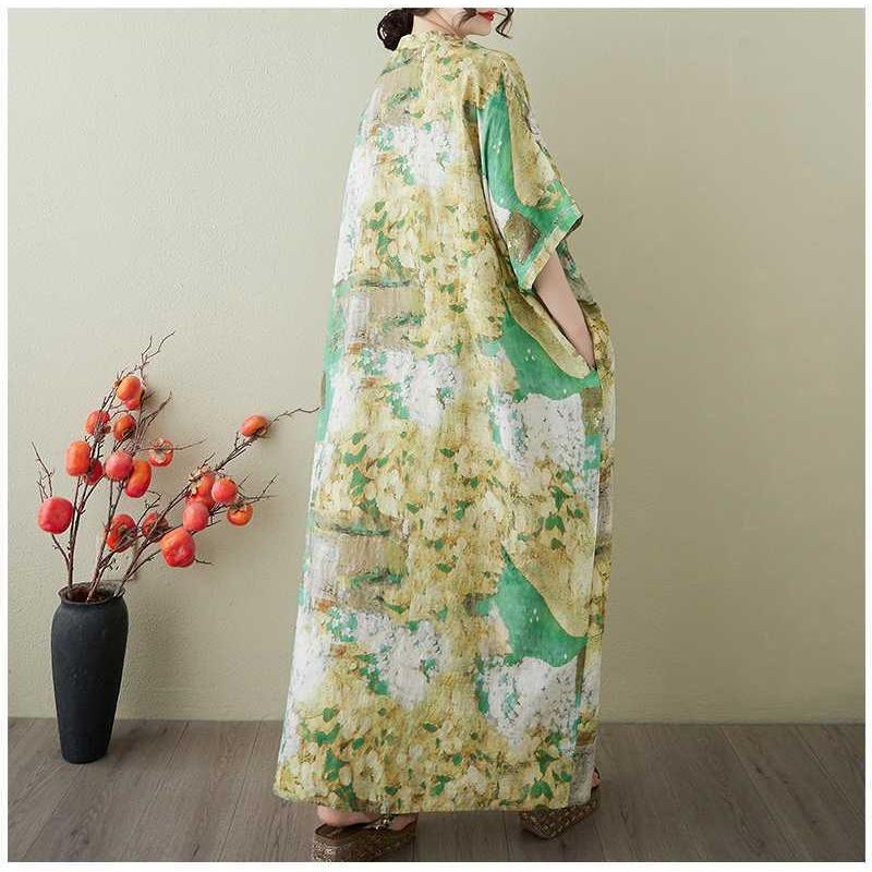 Damen Vintage Langes Kleid mit Baumwoll- und Leinenmustern