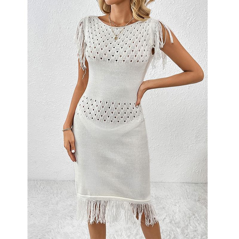 New Spring/Summer Fashion Women's Knitted Long Skirt Tassel Solid Color Dress Knitwear