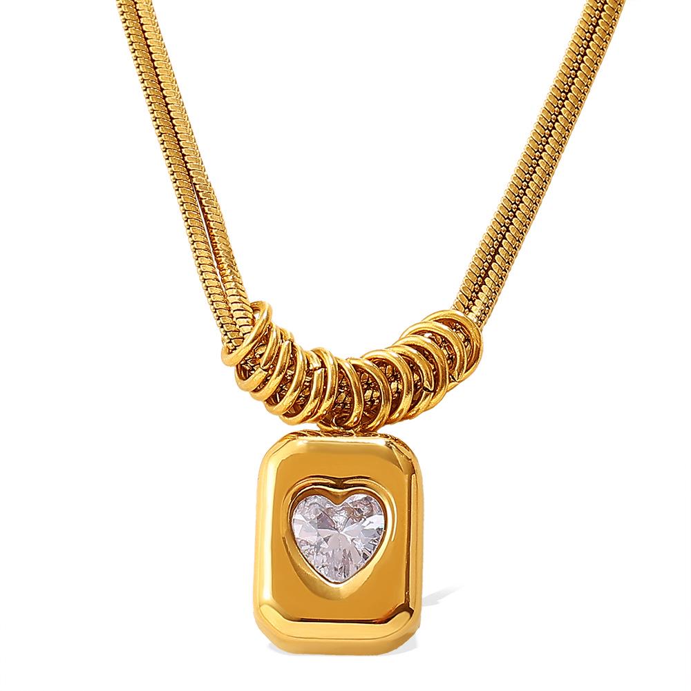 Rhinestone Peach Heart Snake Bone Chain Necklace: Women's Double-Layer Stainless Steel Jewelry with High-End Luxury Design