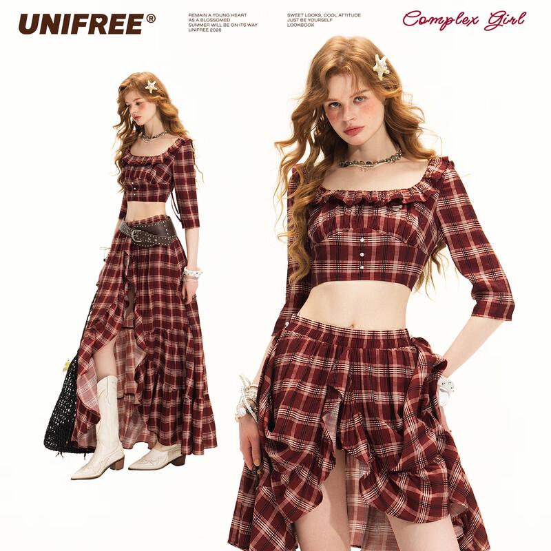 UNIFREE Women s U-Neck Slim Fit Mid-Sleeve Plaid T-Shirt L красный