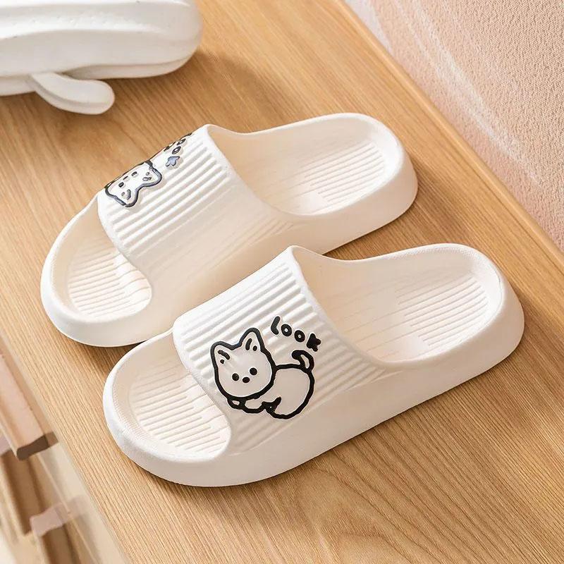 WTEMPO Lovely Couple Slippers Summer Thick Sole Makaron Color Cartoon Animal Stripe Flat Heel Soft Sole Indoor and Outdoor Bathroom Anti-slip Slippers