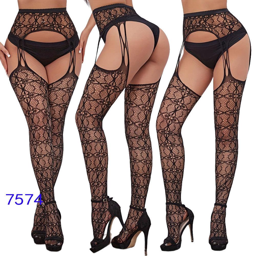 New style open crotch lace transparent suspender black silk sexy fishnet stockings non-slip one-piece suspender belt for women