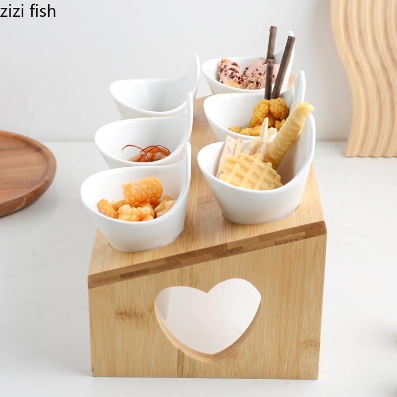 Bol à collation en céramique à 6 compartiments Base en bois Plateau à collation Assiette de dégustation Coupe à fruits Bols à dessert Plat à dim sum Assiettes de dîner Vaisselle