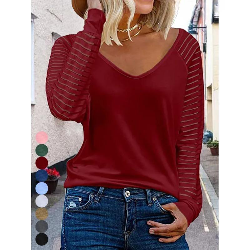 Fashion See-through Striped Long Sleeve T-Shirt Female Autumn Loose V Neck Pullover Tops Women Solid Color Casual Commuter Tees
