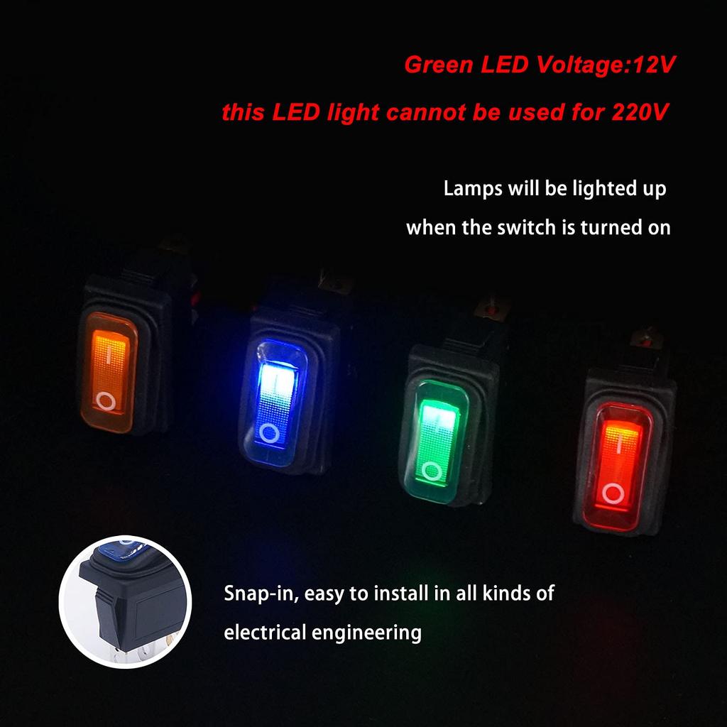 4Pcs Waterproof Rocker Switch on/Off 12V LED 3Pin 2Position SPST AC 6A 250V 10A 125V KCD3 Switch Boat Switch (4 Colores)
