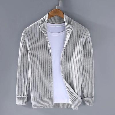 Autumn Winter Men Cardigan Sweater Men's Stand Collar Zipper Cotton 100% Thickened Knit Solid Color High Street Clothes