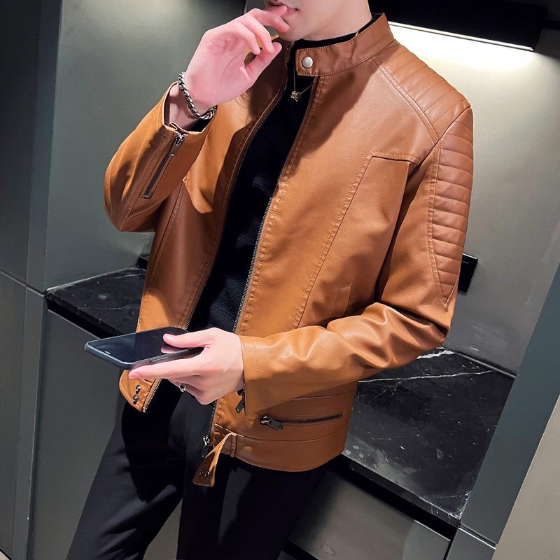 Men's Autumn Winter PU Leather Flight Jacket - Stand Collar, Casual, Trendy Motorcycle Outerwear, Plus Size Available.
