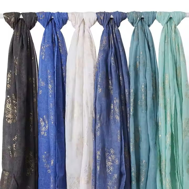 Shawl 180X70Cm Golden Flower Headscarf Hijab Decorated with Golden Flowers in Graphite Color