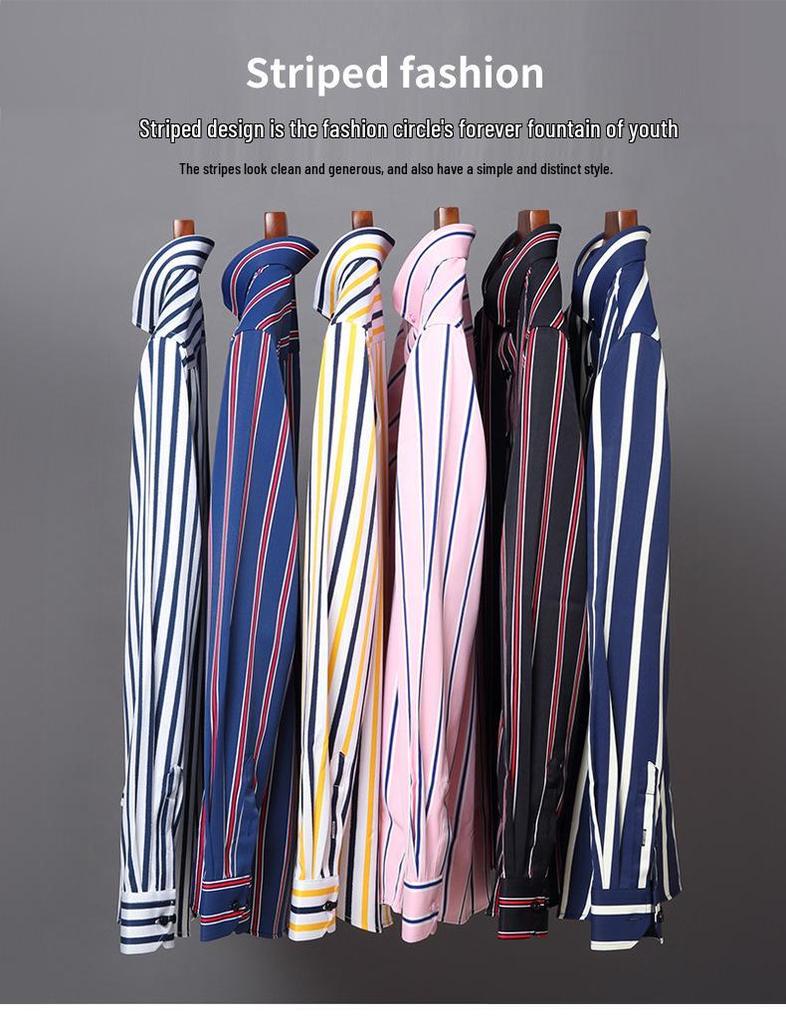Men's Spring Easy-Care Striped Long Sleeve Stretch Slim Fit Shirt - Iron-Free Business Wear