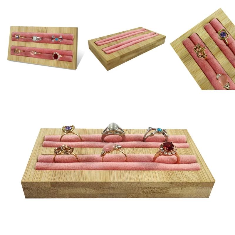 Velvet Square Ring Tray With Bamboo Wood Base 2 Slots Ring And Accessory Display Stand Earrings Jewelry Storage Rack 14.5*7CM