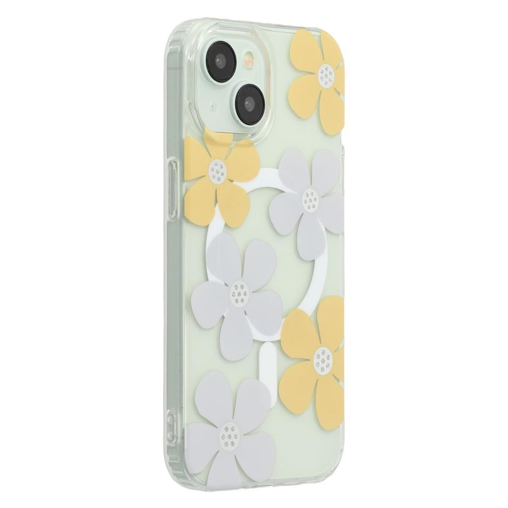 For iPhone 15 Magnetic Case IMD Flower Pattern TPU+PC Clear Back Phone Cover
