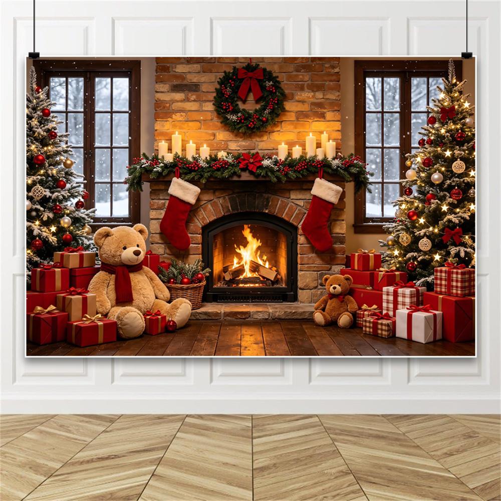 Yeele Christmas Fireplace Photography Backdrop Xmas Tree Wreath Socks Teddy Bear Gifts Room Decor Kids Portrait Photo Background