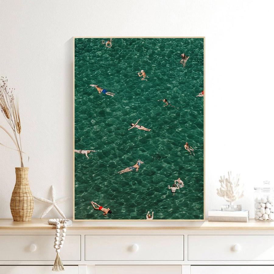 Modern Green Posters, Floating in the Pool Wall arts Prints, Mediterranean Prints Wall Posters, Home Decor, No Frame