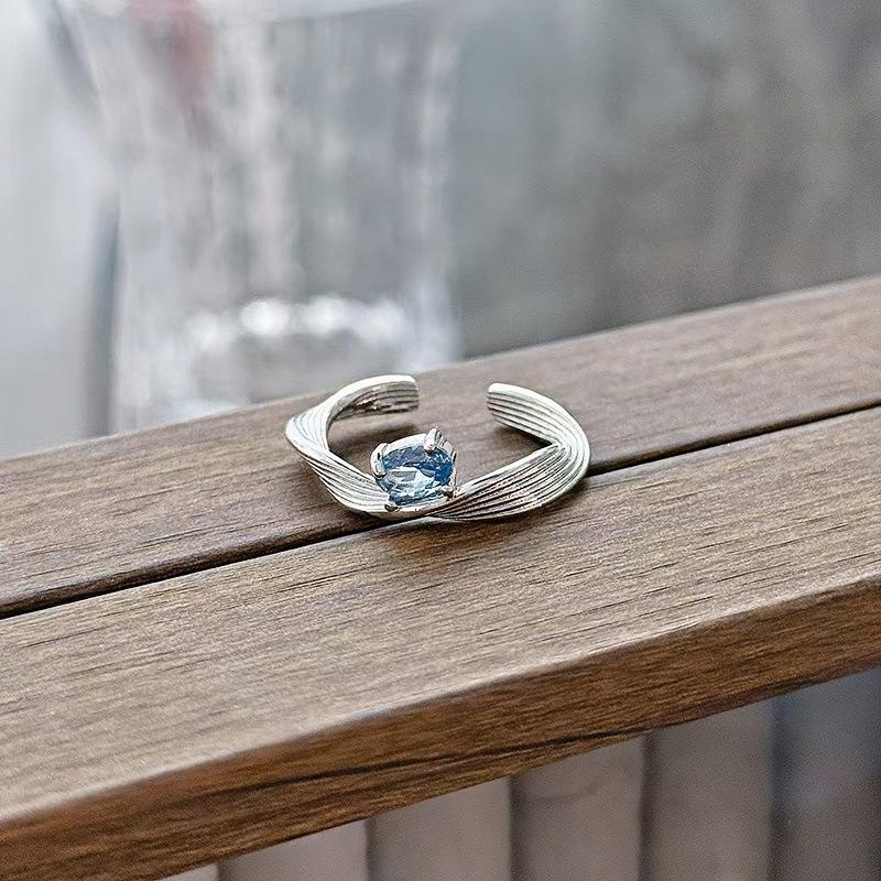 New Niche Light Luxury High Sense Sea Blue Zircon Super Fairy Open Ring Simple Fashion Jewelry Women
