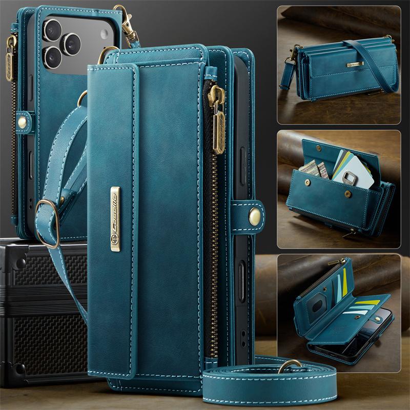 CaseMe Flip Leather Phone Case for iPhone 17 Pro Max 17E Air 16 Plus 16E 15 14 13 12 11 X XS XR SE 2022 8 Long Lanyard Zipper Wallet Multi Card Cover