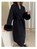 Manteau en Laine Mi-Long pour Femme avec Manches en Fourrure - Veste Décontractée Chic Automne/Hiver