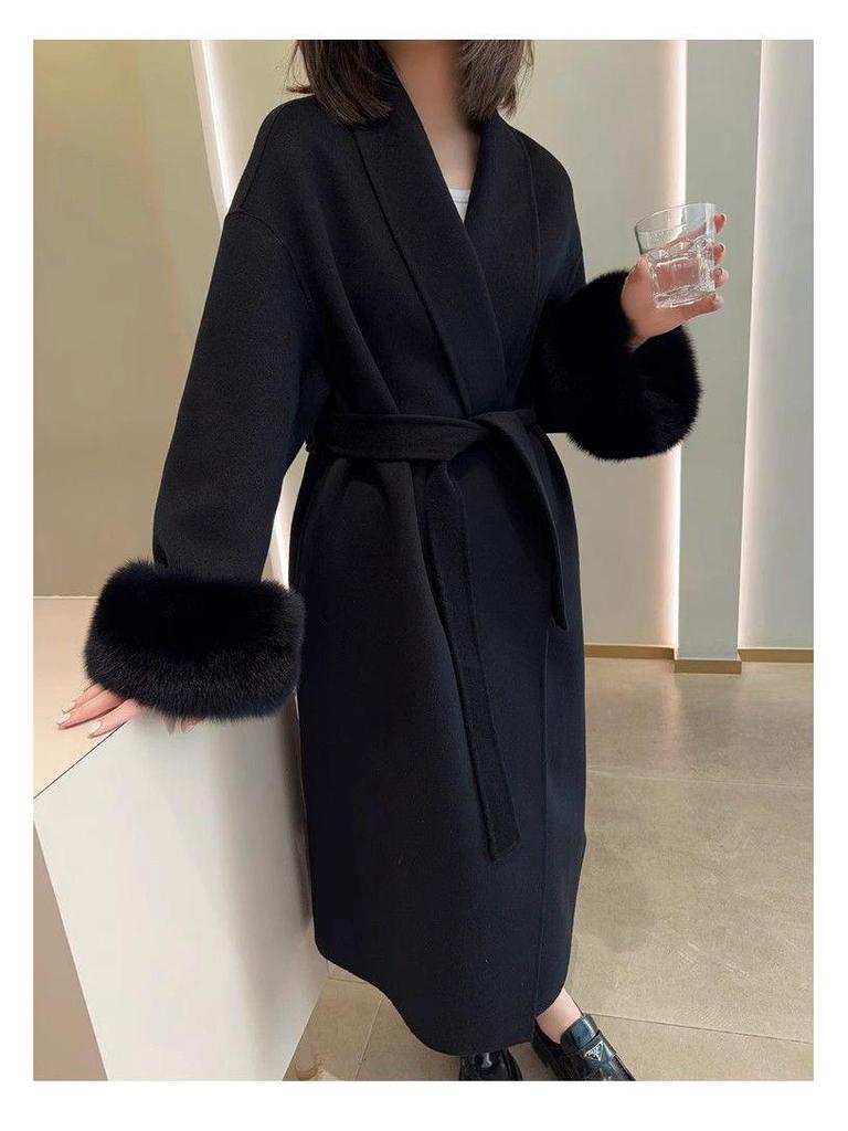Manteau en Laine Mi-Long pour Femme avec Manches en Fourrure - Veste Décontractée Chic Automne/Hiver