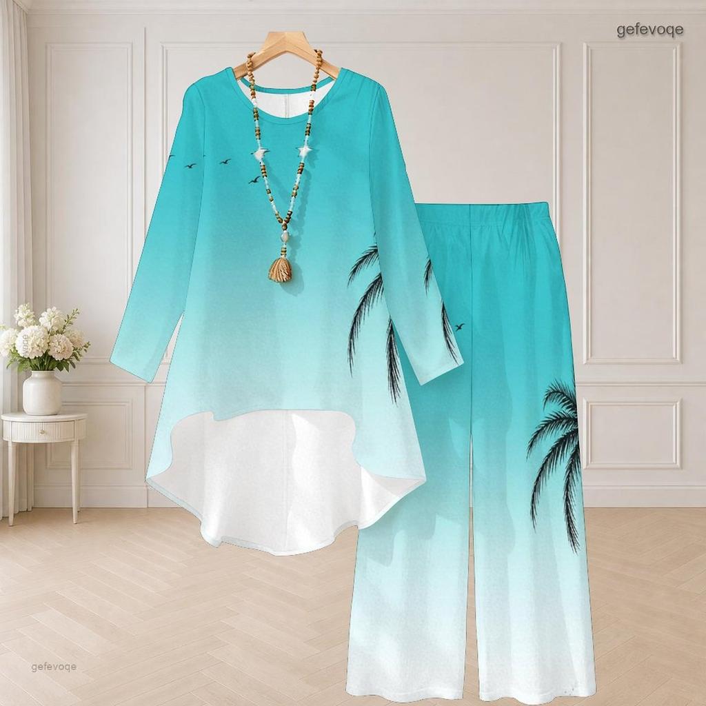 Damen Große Größen Grünes Rundhals Langarm Kleeblatt-Print High-Low-Oberteil Weite Hosen Zweiteiliges Set