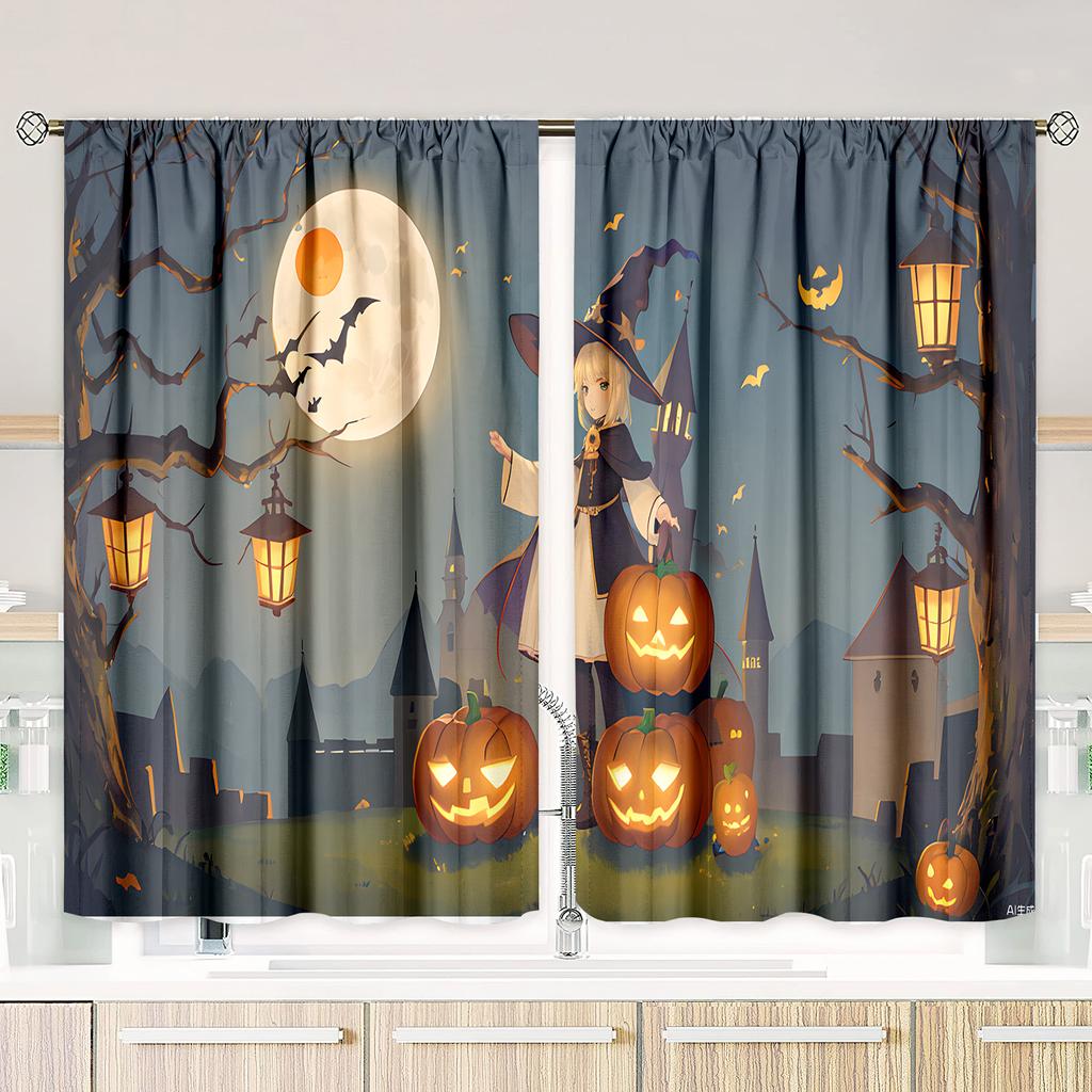 2 Pieces - Halloween - Printed Curtain - Polyester Material - Suitable for Bedroom, Living Room, Study Private Curtain