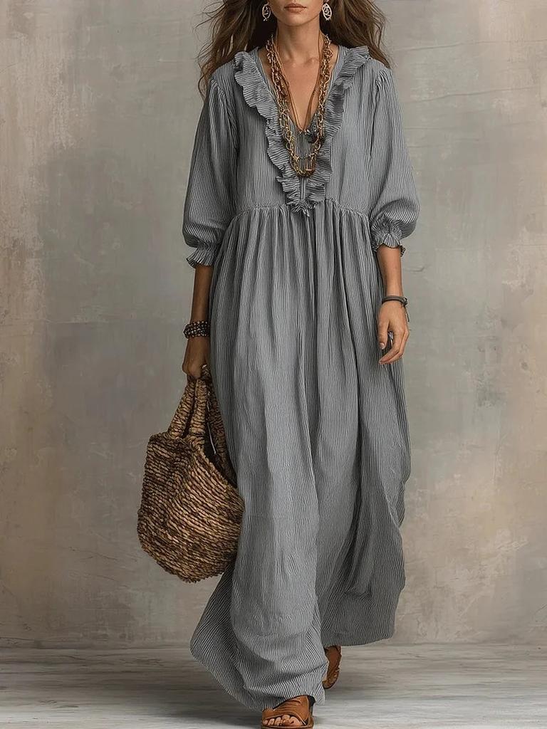 New Striped Ruffled High Waist V-Neck Loose Dress