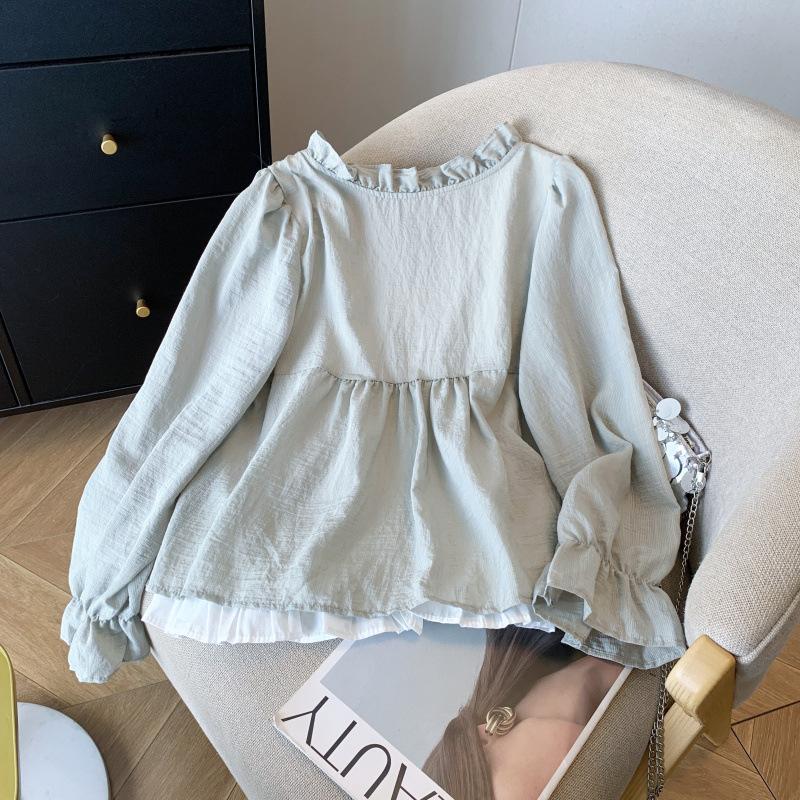 Korean Casual Sweet Fungus Lace Collar Women's Shirt Top Autumn Women Fashion Fake Two Piece Lace Up Long Sleeved Shirt