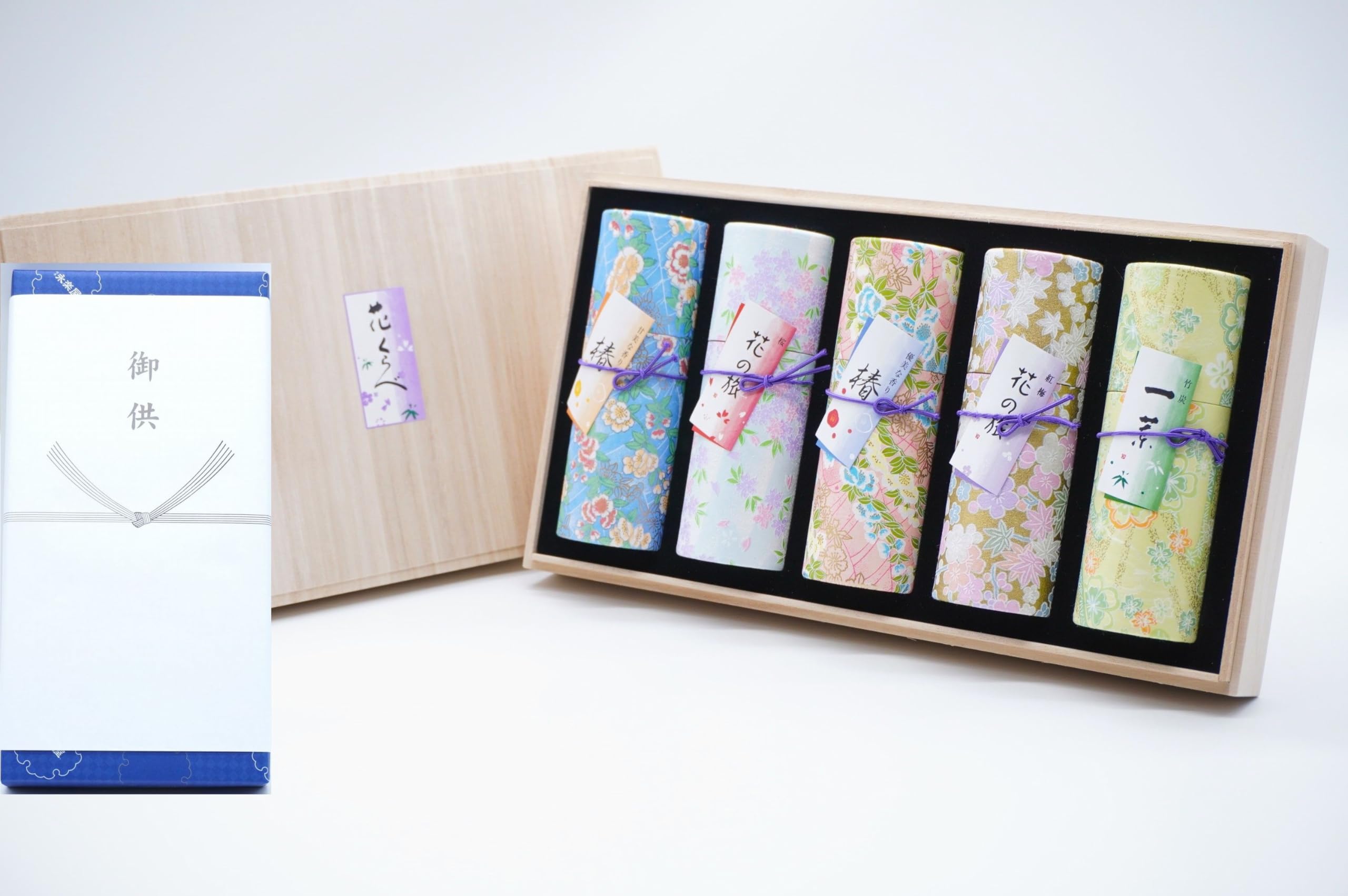 

[Condolence Message Included] Hanakurabe Five-Flavor Incense Set (Cherry Blossom, Red Plum, Bamboo Charcoal, Elegant, Sweet) in a Premium Paulownia
