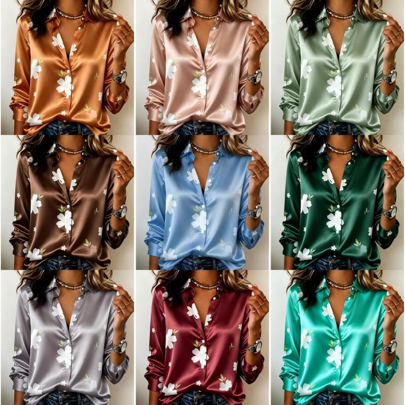 Dames satijnen shirt met lange mouwen, witte bloemenprint blouse, revers, enkele rij knopen, losse kantoor tops