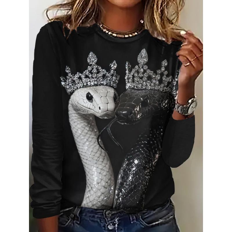 

Мультяшная женская футболка с длинным рукавом, повседневная осенняя футболка, топы с принтом животного змеи, оверсайз, женская одежда S