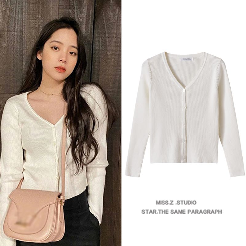 

Ouyang Nana Same Style 100% Cotton French Style Silm Figure Flattering Knit Cardigan Long Sleeves Bottoming Shirt for Women 2025 Spring New White (good quality) S