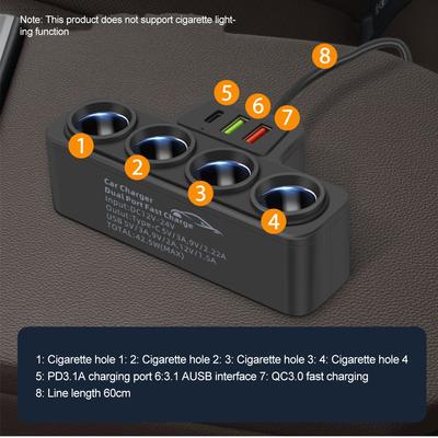12V/24V Auto-Zigarettenanzünder-Adapter Neuer 4-in-1-Sockel 3,1A Ladegerät Ladegerät USB Auto USB+QC3.0+PD3.1A Auto-Ladegerät Zubehör