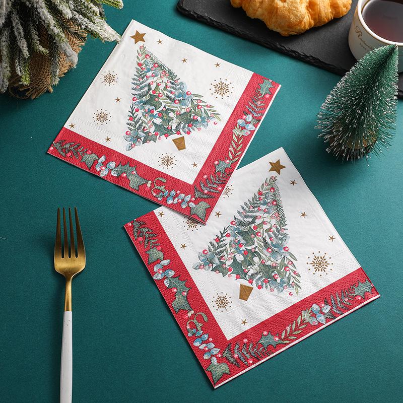Red-Edged Colorful Christmas Tree Printed Paper Napkins - Party Gathering Square Soy Ink Napkins
