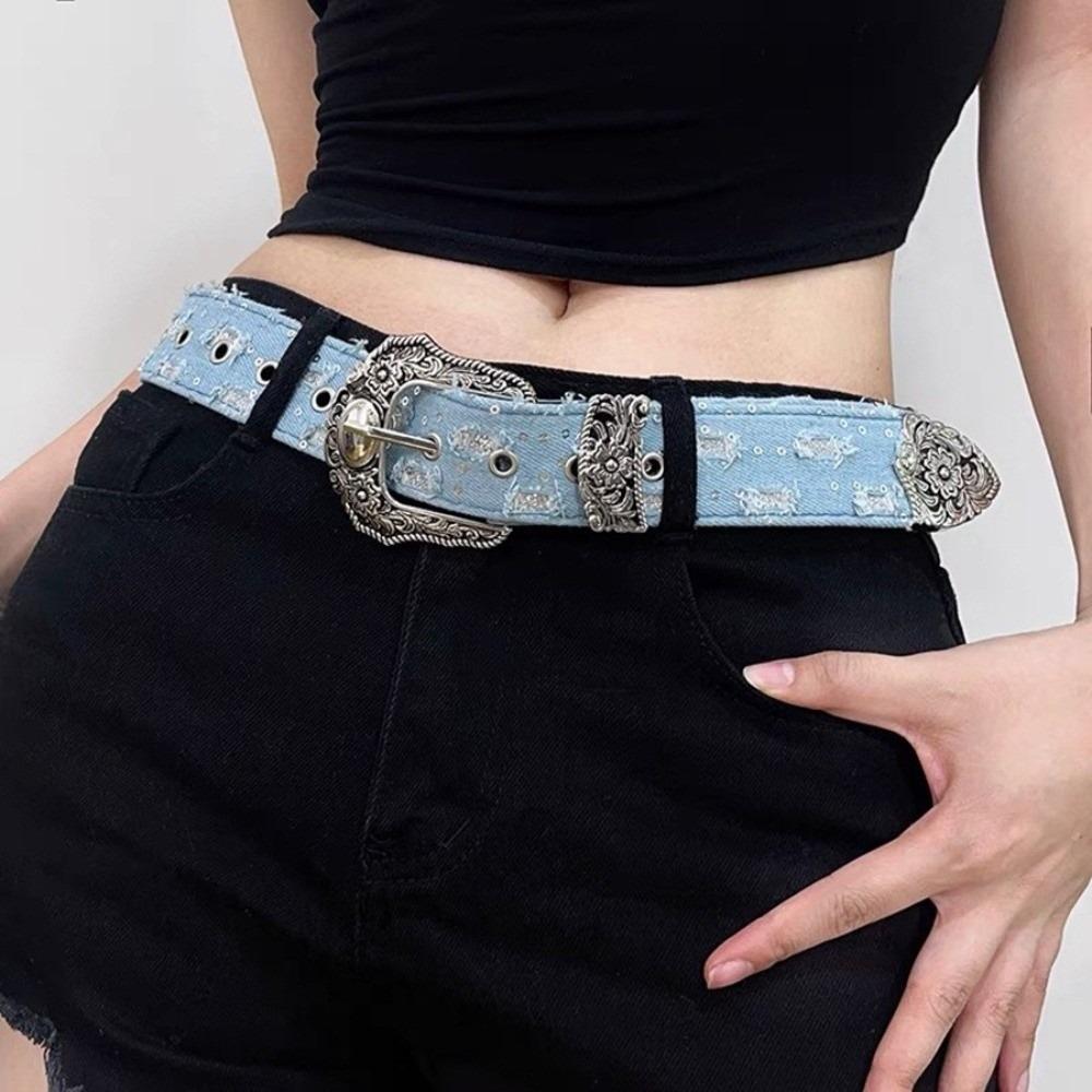 Harajuku Metal Buckle Belt Korean Style Denim Wide Belt Fashion Sequin Belt  Women