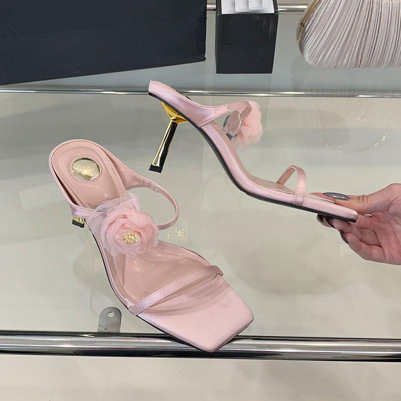 Fashion Silk Fashion Flower Women 7cm Heels Sandals Shoes Slides Summer Female Square Toe Footwear Metal Heels Ladies Sandals Shoes