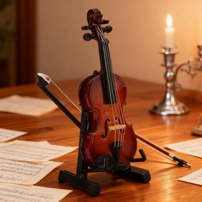 Drewniany Mini Model Skrzypiec ze Stojakiem Grywalna Miniaturowa Figurka Skrzypiec Ozdoba Miniaturowy Instrument Muzyczny Dekoracja na Biurko do Domu i Biura